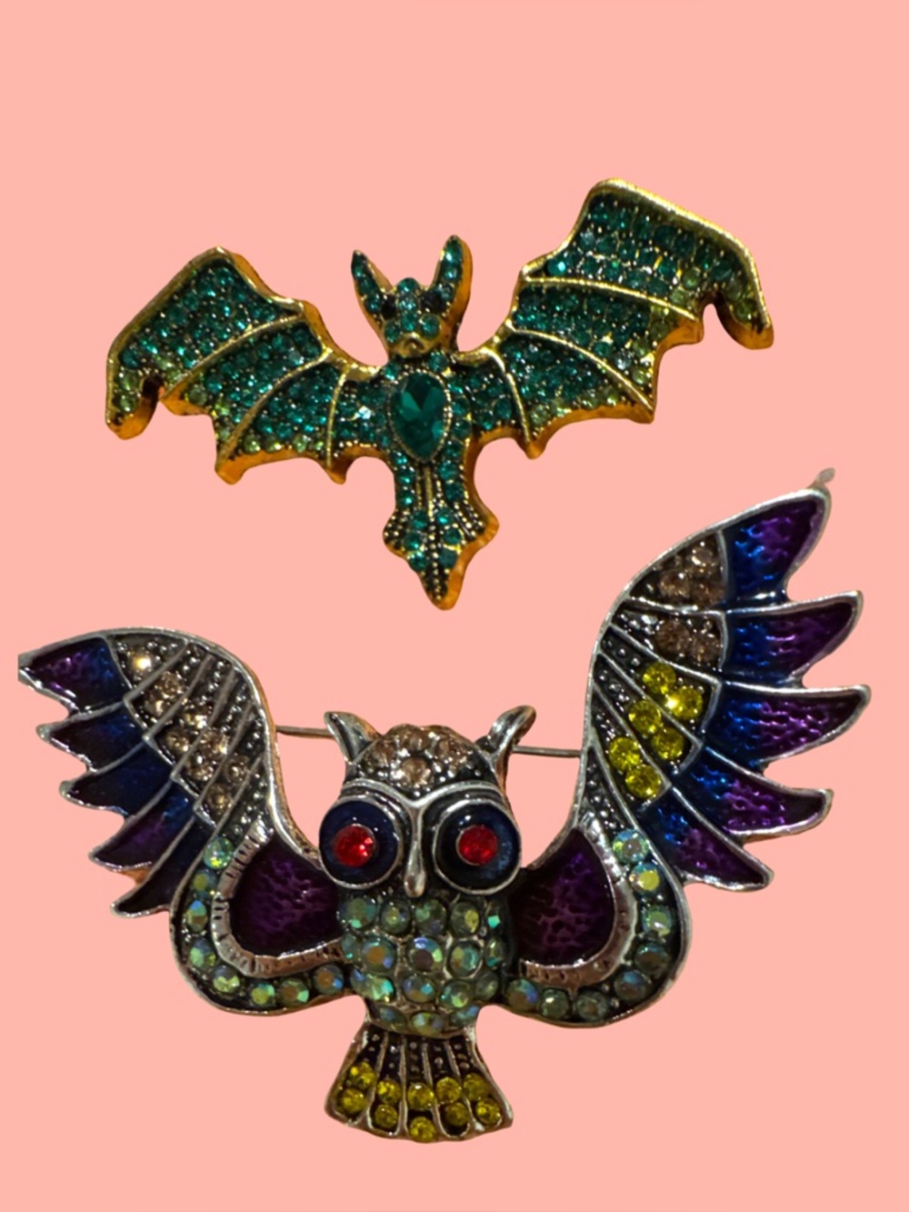 Rhinestone Bat & Owl Brooch Set - Green, Purple, Yellow Accents